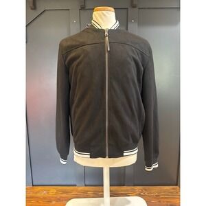 Robert Graham Black Bomber Jacket Suede Quilted Lined Varsity Stripes Men L